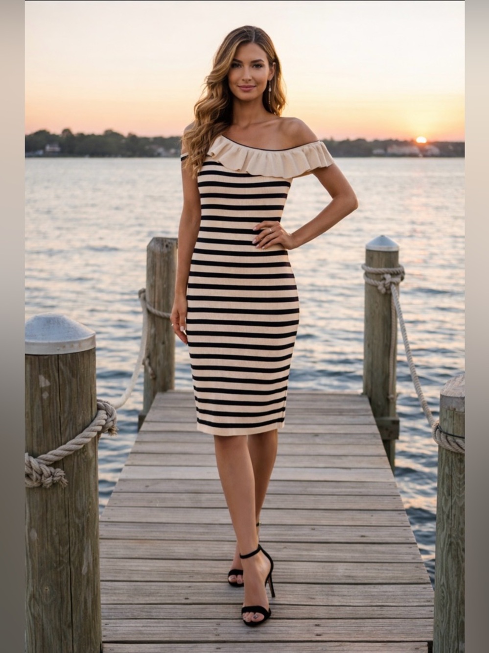 Striped One-Shoulder Ruffle Knit Dress in Cream and Black